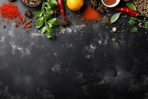 AI generated Spices and herbs on black background with copy space photo