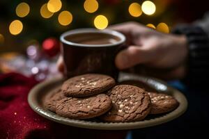 ai generado hembra manos participación taza de café y galletas en plato foto