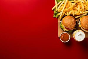 ai generado hecho en casa hamburguesa con Fresco vegetales y francés papas fritas en oscuro antecedentes foto