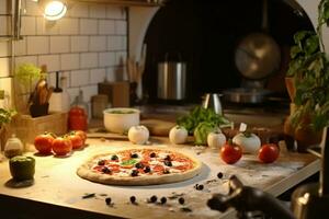 AI generated Hot pizza in the oven on a wooden board. Fire in the background photo