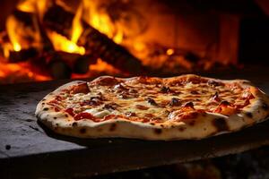 AI generated Hot pizza in the oven on a wooden board. Fire in the background photo