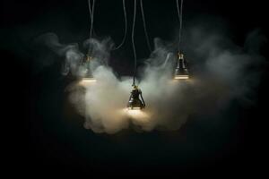 AI generated Black hanging lamps with smoke on dark background photo