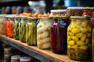 ai generado vaso frascos con variedad de en escabeche vegetales y frutas en el cocina foto