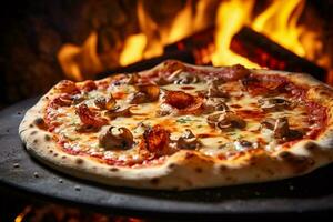 AI generated Hot pizza in the oven on a wooden board. Fire in the background photo