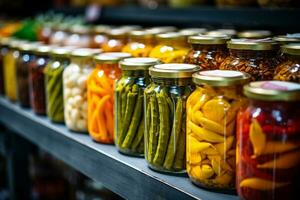 AI generated Glass jars with variety of pickled vegetables and fruits in the kitchen photo