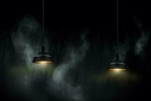 AI generated Black hanging lamps with smoke on dark background photo