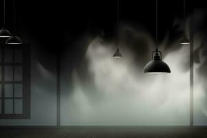 AI generated Black hanging lamps with smoke on dark background photo