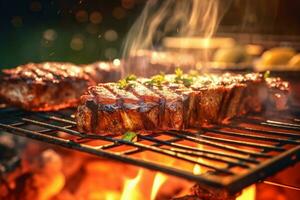 AI generated Grilling steaks on barbecue grill with flames photo