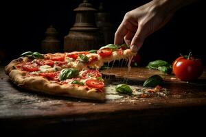 AI generated Hot pizza in the oven on a wooden board. Fire in the background photo