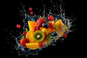 AI generated Fruit splashing into a glass of juice on a black background photo