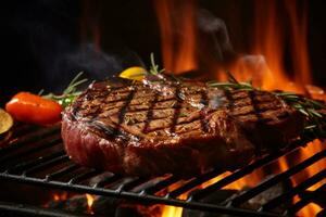 AI generated Grilling steaks on barbecue grill with flames photo