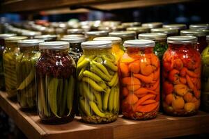 AI generated Glass jars with variety of pickled vegetables and fruits in the kitchen photo