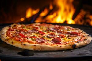 ai generado caliente Pizza en el horno en un de madera tablero. fuego en el antecedentes foto