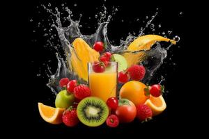 AI generated Fruit splashing into a glass of juice on a black background photo