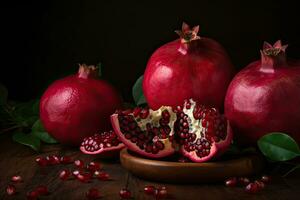AI generated Harvest of ripe fruits and pomegranate seeds on the table. Generative AI photo