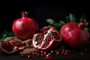 AI generated Harvest of ripe fruits and pomegranate seeds on the table. Generative AI photo