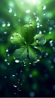 AI generated Green clover leaves with drops of water. St. Patrick's Day generated with AI photo