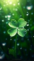 AI generated Green clover leaves with drops of water. St. Patrick's Day generated with AI photo