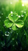 AI generated Green clover leaves with drops of water. St. Patrick's Day generated with AI photo