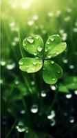 AI generated Green clover leaves with drops of water. St. Patrick's Day generated with AI photo