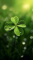 AI generated Green clover leaves with drops of water. St. Patrick's Day generated with AI photo