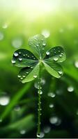 AI generated Green clover leaves with drops of water. St. Patrick's Day generated with AI photo