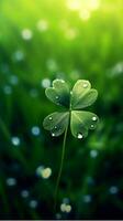 AI generated Green clover leaves with drops of water. St. Patrick's Day generated with AI photo