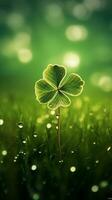 AI generated Green clover leaves with drops of water. St. Patrick's Day generated with AI photo