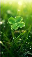 AI generated Green clover leaves with drops of water. St. Patrick's Day generated with AI photo