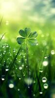 AI generated Green clover leaves with drops of water. St. Patrick's Day generated with AI photo