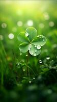 AI generated Green clover leaves with drops of water. St. Patrick's Day generated with AI photo