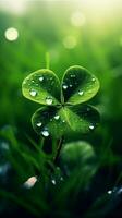 AI generated Green clover leaves with drops of water. St. Patrick's Day generated with AI photo