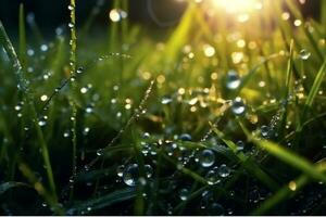 AI generated Fresh grass with dew drops close-up. Nature background generated with AI photo