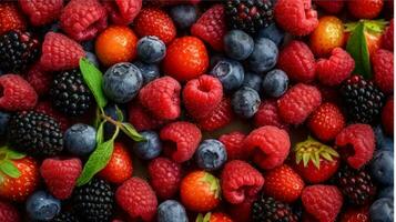 AI generated Colorful mix of fresh berries in bowls. Raspberries, blueberries, blackberries, raspberries generated with AI photo