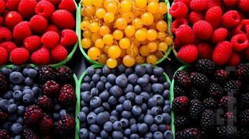 AI generated Colorful mix of fresh berries in bowls. Raspberries, blueberries, blackberries, raspberries generated with AI photo