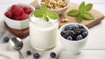 AI generated Simple Elegance - Fresh yogurt on white table. Probiotic dairy drink photo