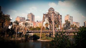 A wooden pedestrian bridge crossing the Nile River in Egypt photo