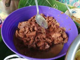 delicioso gudeg en púrpura bol. gudeg es tradicional indonesio comida foto