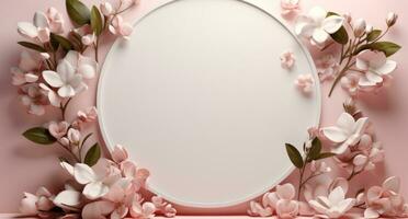AI generated white table, frame, leaf, floating flowers and rose petals photo