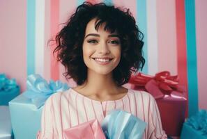 AI generated young woman with presents in hand smiling on pink background photo