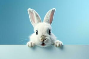 AI generated white rabbit peeking at something through a blue background photo