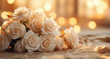 AI generated white roses arranged in rows with a background with lights photo