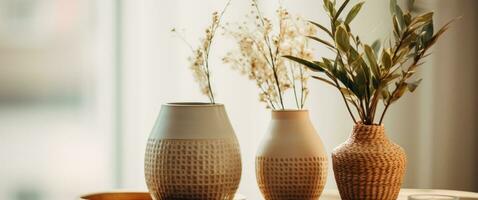 AI generated woven vases and a plant sitting on a table photo