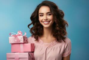 AI generated young woman with presents in hand smiling on pink background photo