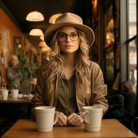 AI generated young woman drinking coffee photo