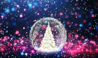 Snow globe with Christmas tree on a background of pink and blue bokeh lights photo