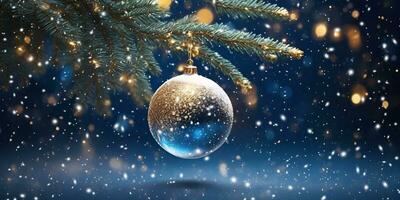 AI generated Christmas and New Year holidays background with fir tree branches, snowflakes and glass ball photo