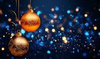 Christmas and New Year background with golden balls and bokeh lights photo