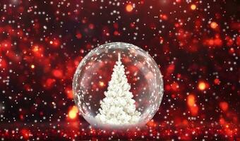 Christmas tree in a snow globe on a red background with snowflakes photo