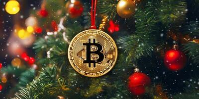 AI generated Golden bitcoin on christmas tree background. Cryptocurrency concept. photo